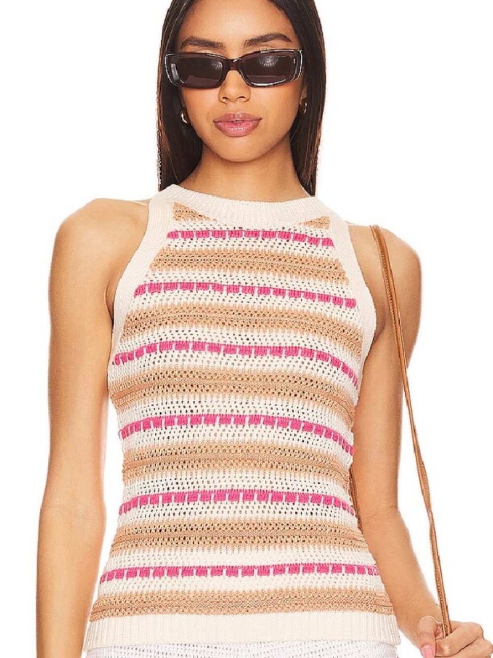 Central Park West Crochet Knit Tank Top Striped Cream Pink Brown - Size M